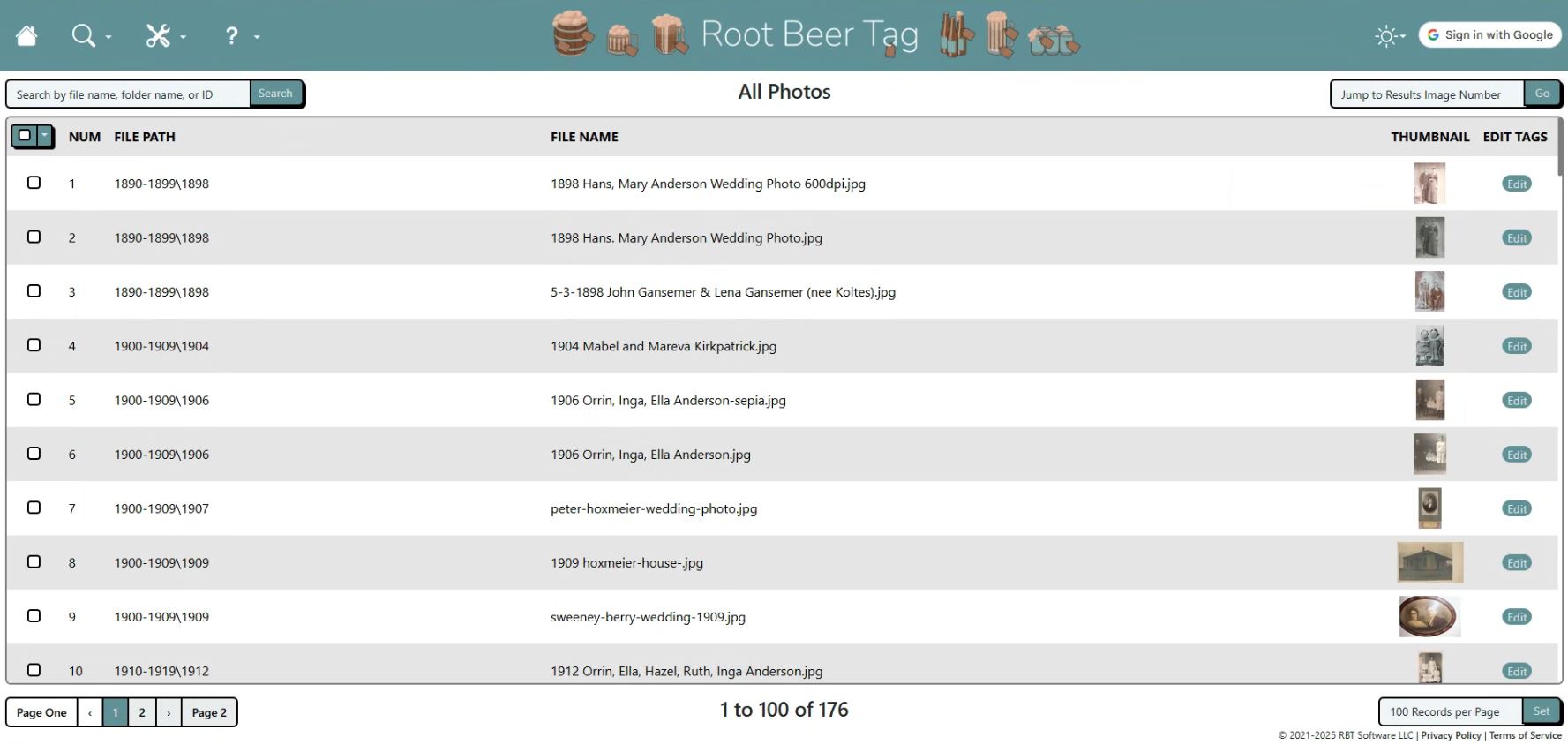 Photo List Page (searchable by file name, directory or image ID)