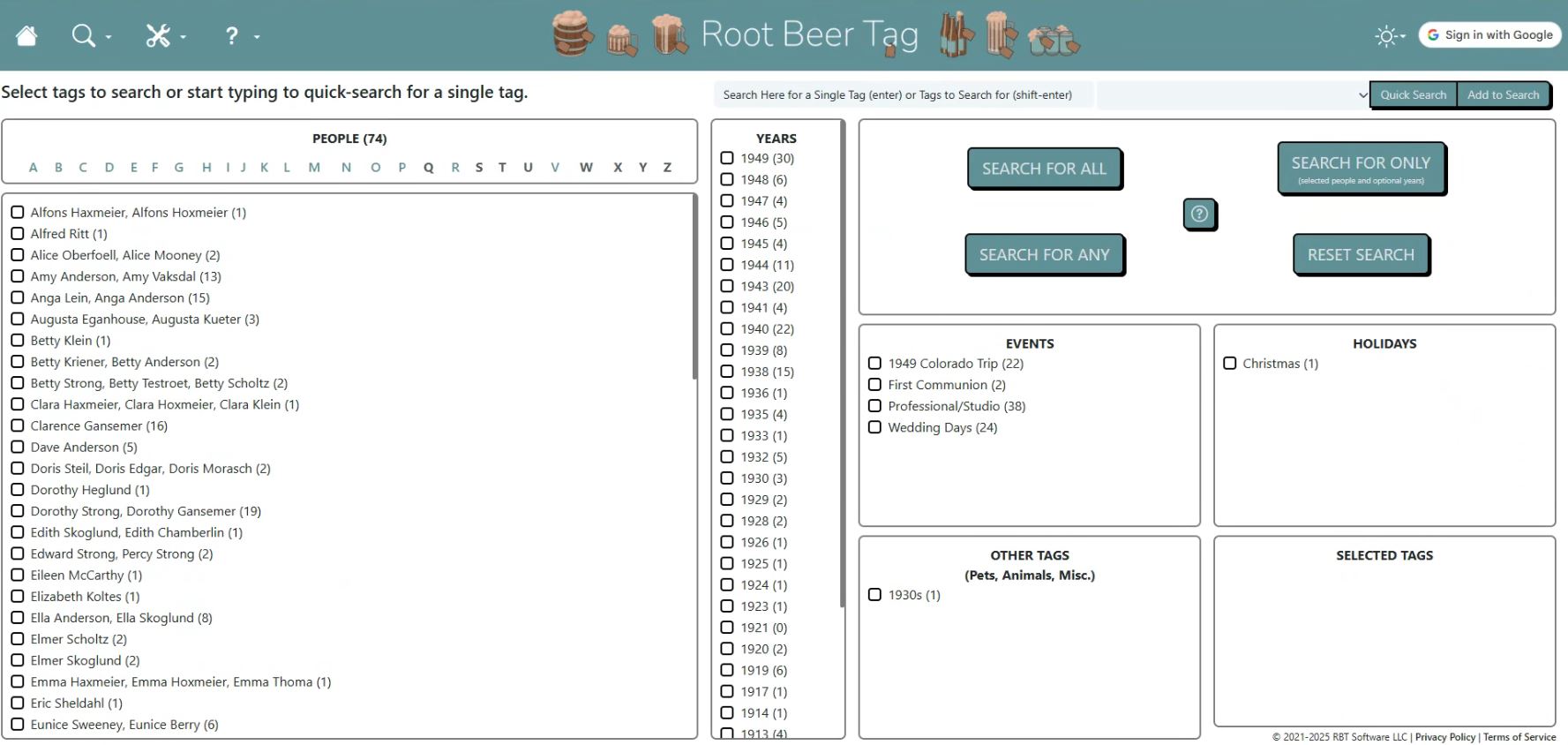 Tag Select Page (Select tags you want to search for and select a search type)